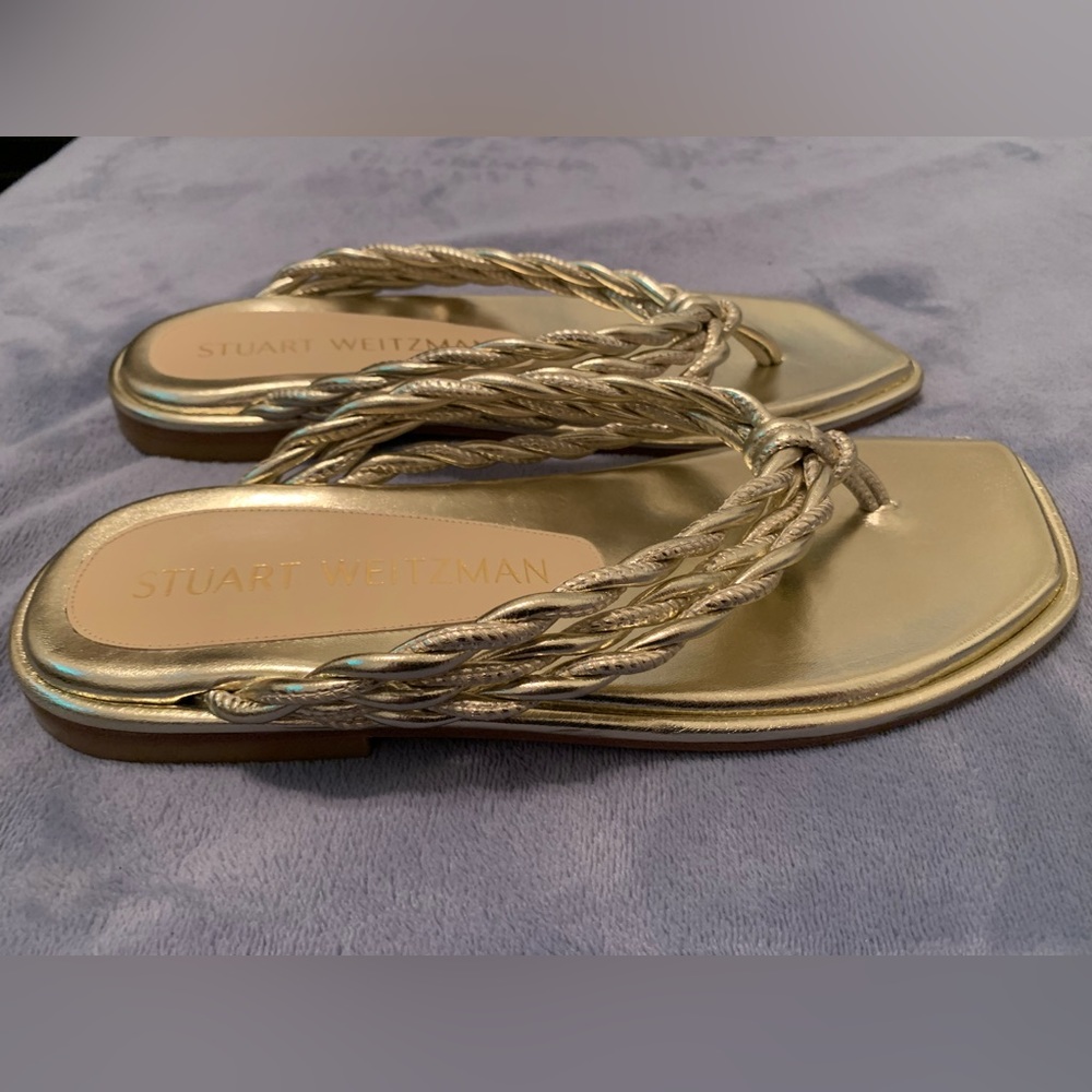 Stuart Weitzman Women’s Metallic Napa Woven Calypso Flat Sandals| size 8 1/2 - Picture 3 of 9